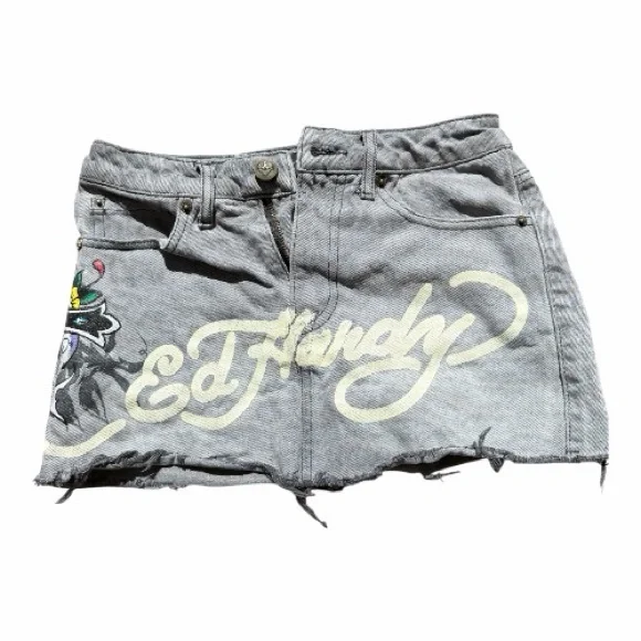 Ed Hardy Gray Mini Denim Skirt with Graphic Design - Picture 1 of 5